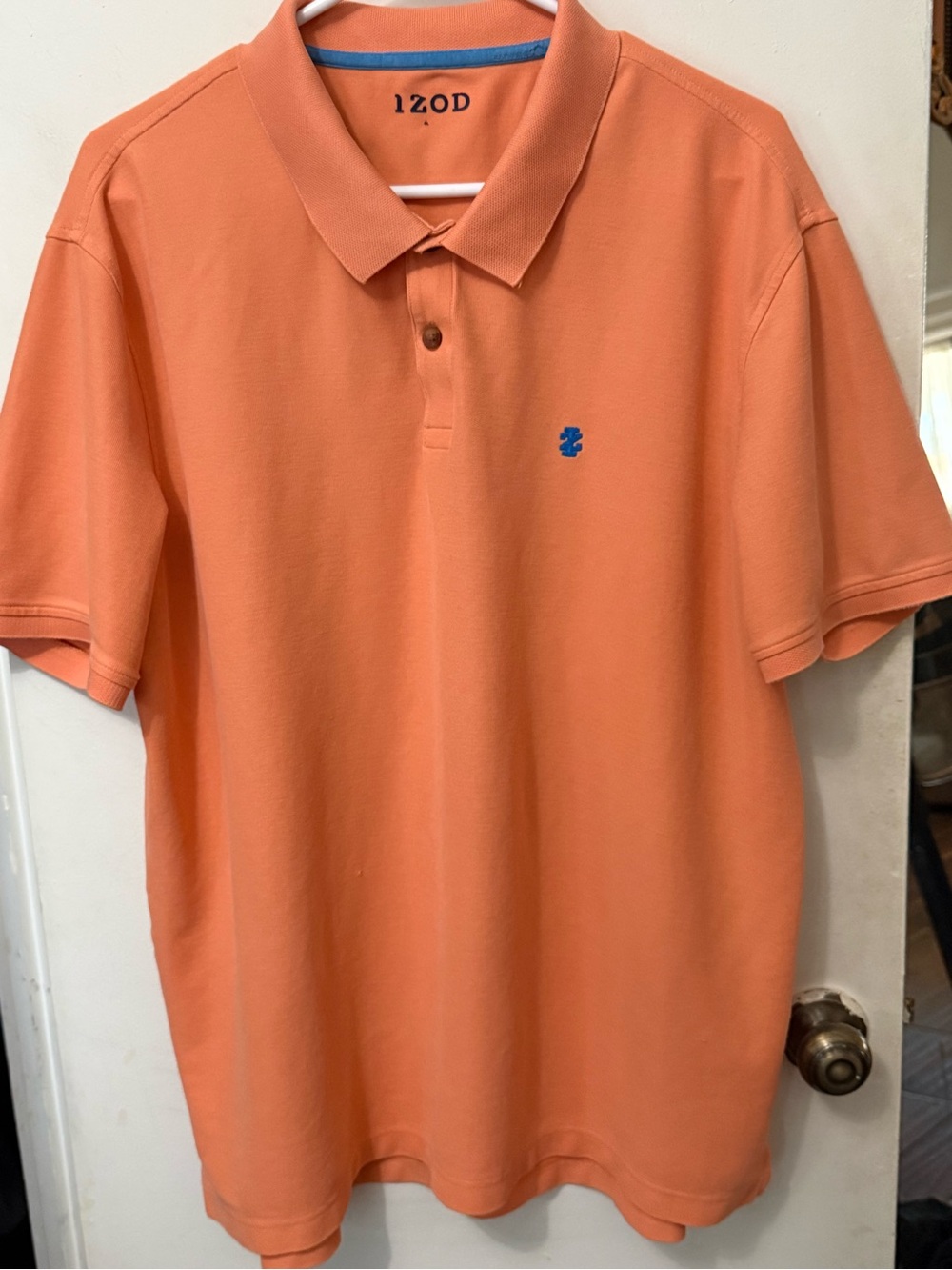 Izod Men's Coral-Orange Short Sleeve Polo with Blue Logo